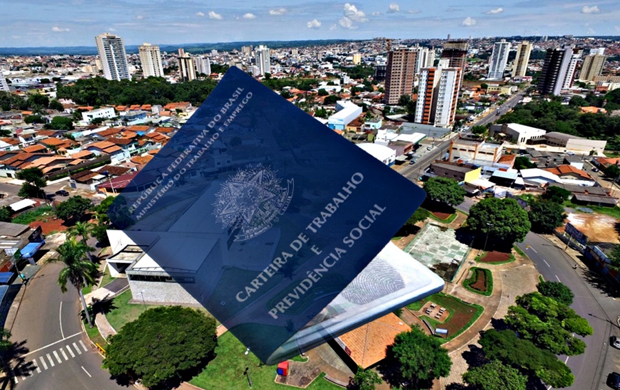 #pratodomundover A imagem contém uma carteira de trabalho azul e ao fundo a cidade de anápolis