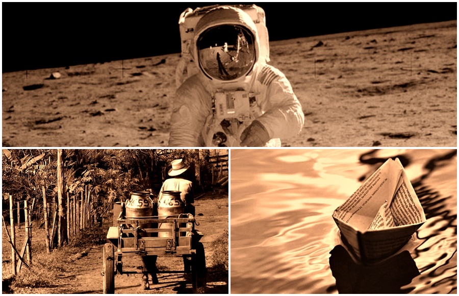 #PRATODOMUNDOVER imagem mostra fotos do homemna lua, uma carroça e um barquinho de papel