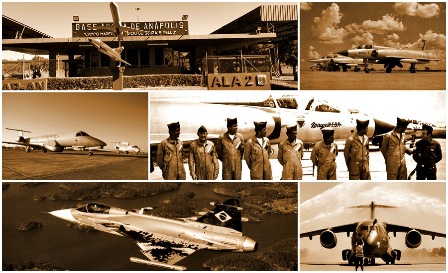 #PraTodoMUndoVer: A imagem é um mosaico de fotos da Base Aérea de Anápolis, com aeronaves, pilotos e estrutura física