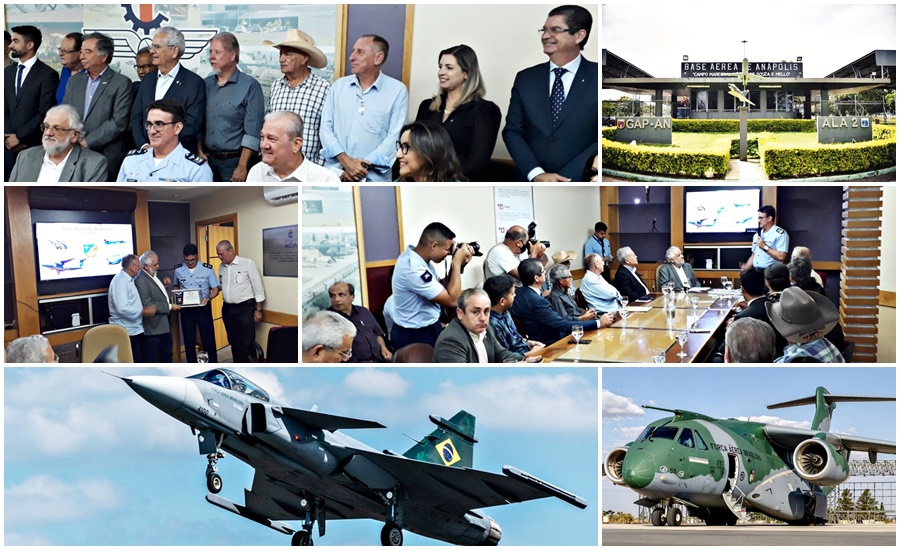 Mosaico com fotos de reunião na acia em homenagem aos 50 anos da Base Aérea de Anápolis e dos aviões Gripen e KC 390