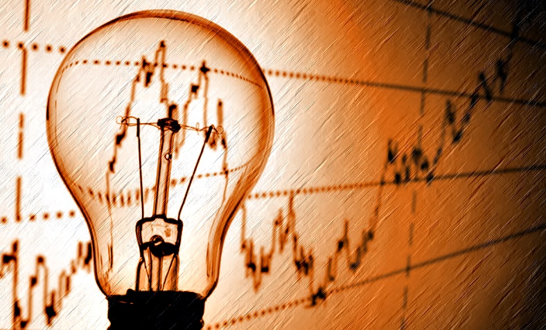 Lâmpada de energia e um fundo com um gráfico em tom marrom para ilustrar consumo de energia